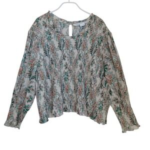Veronica Beard Women 20 Green Paisley Smocked 100% Cotton Long Sleeve Blouse Top